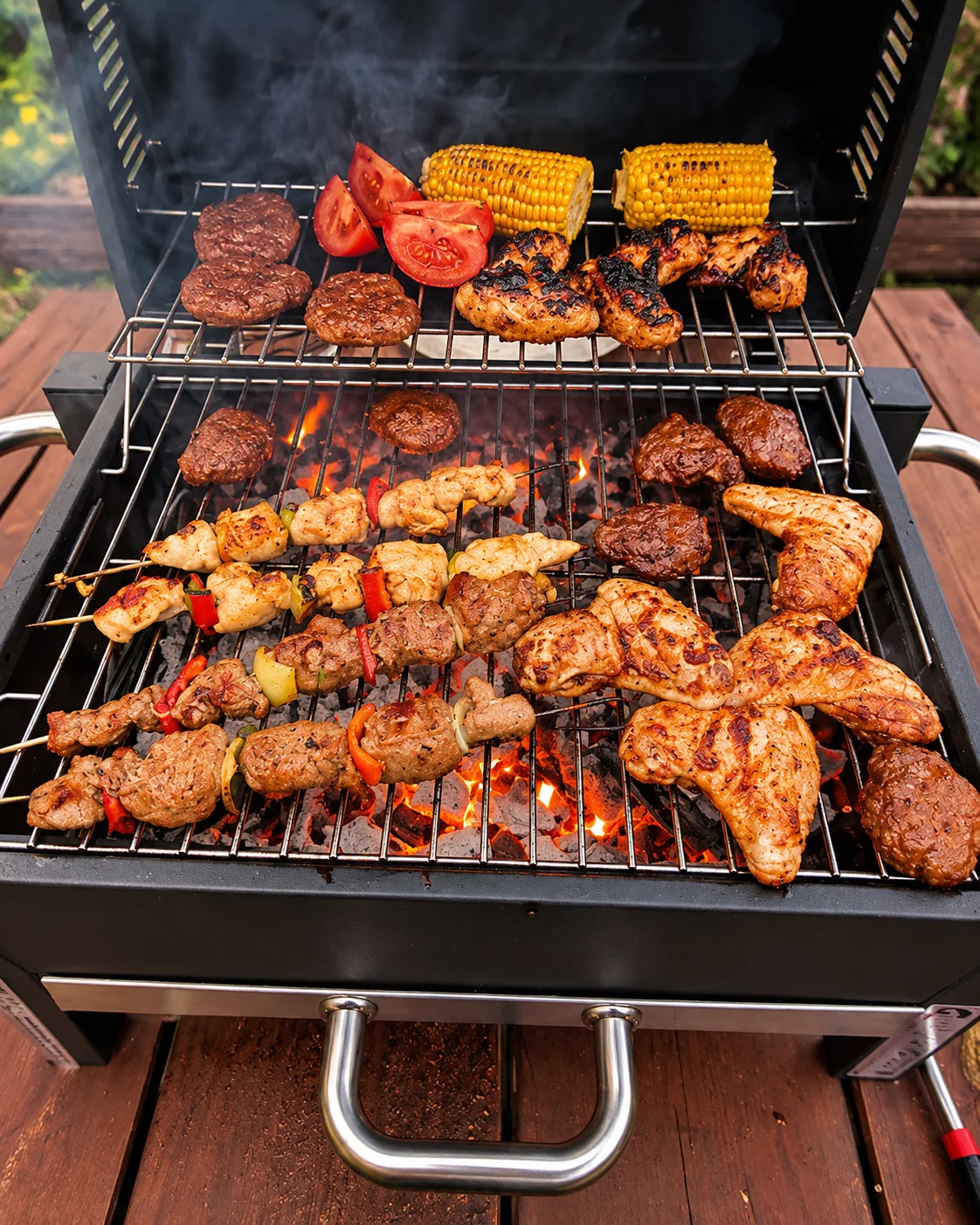 Grill mit Feuer und frisch gegrillten Speisen